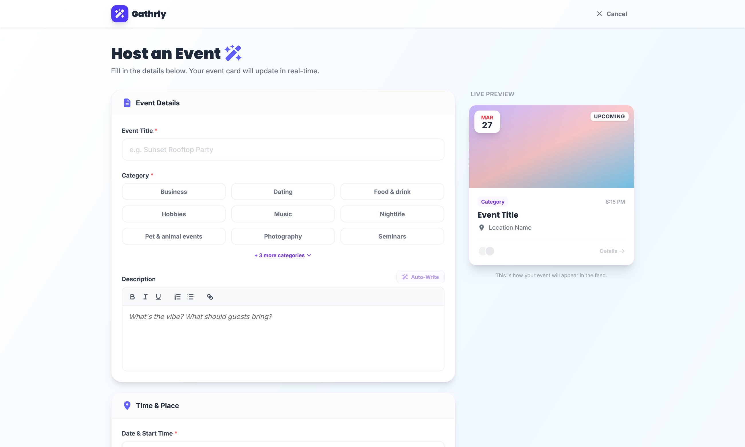 Gathrly user-facing event management screen.